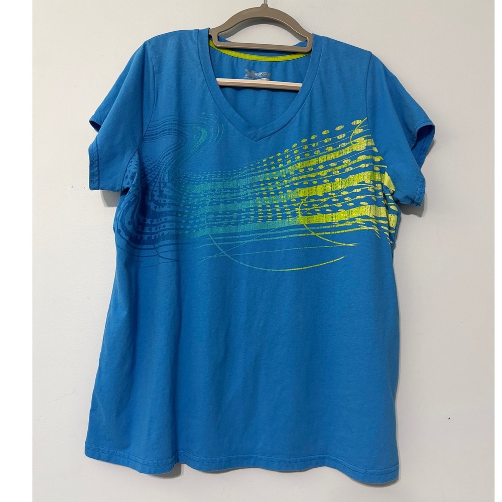 Xersion Performance Wear 1X Blue Graphic V-Neck Short Sleeve Activewear Tee 2154